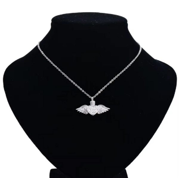 Stainless Steel Angel Wings Dazzling Zirconia Heart Cremation Pendant Necklace - Image 3