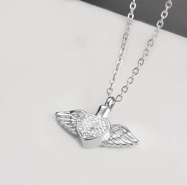 Stainless Steel Angel Wings Dazzling Zirconia Heart Cremation Pendant Necklace