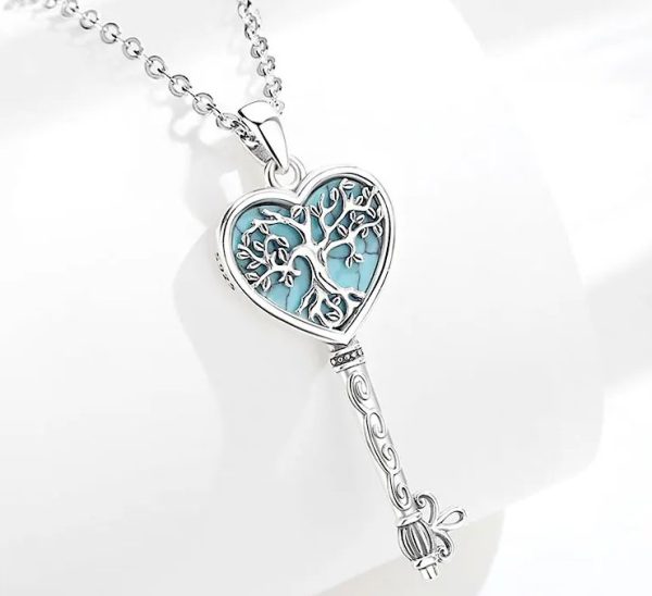 Exquisite 925 Sterling Silver Tree of Life Turquoise Heart Key Pendant Necklace