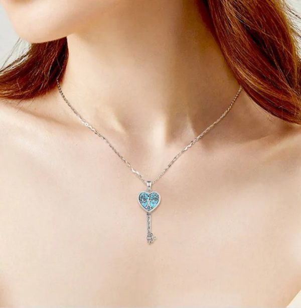 Exquisite 925 Sterling Silver Tree of Life Turquoise Heart Key Pendant Necklace - Image 3