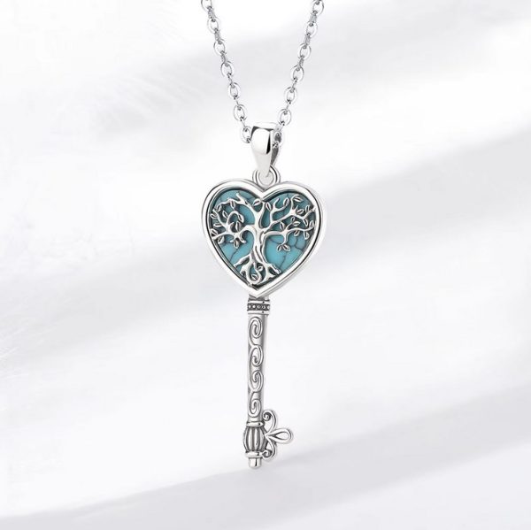 Exquisite 925 Sterling Silver Tree of Life Turquoise Heart Key Pendant Necklace - Image 2