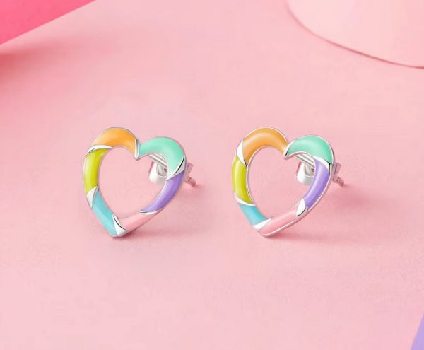 Exquisite 18K 925 Sterling Silver Rainbow Heart Stud Earrings