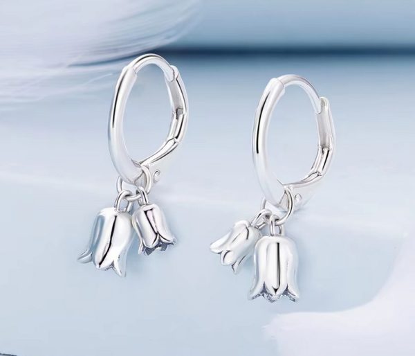 925 Sterling Silver Creative Little Tulip Dangle Hoop Earrings