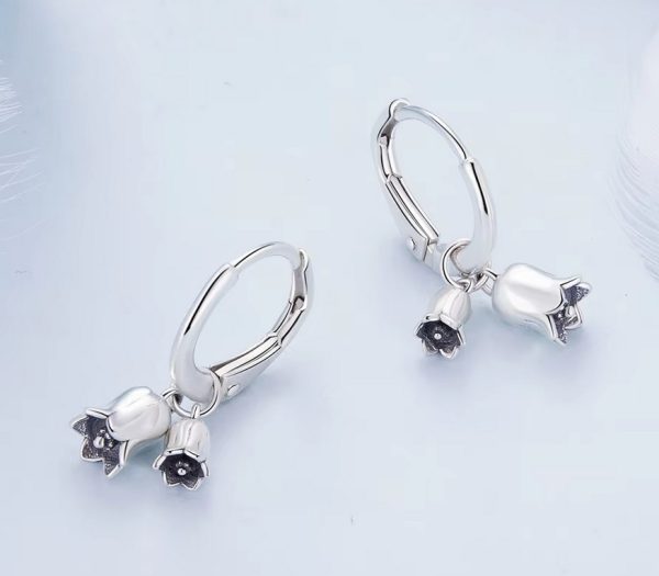 925 Sterling Silver Creative Little Tulip Dangle Hoop Earrings - Image 3