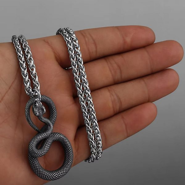 Men's Quality Stainless Steel Retro King Snake Infinity Pendant Necklace