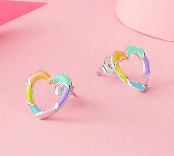 Exquisite 18K 925 Sterling Silver Rainbow Heart Stud Earrings - Image 3