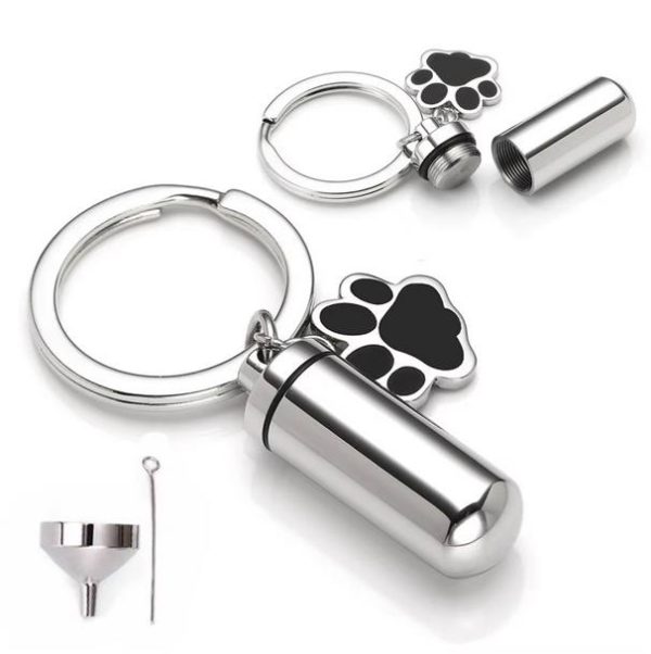 Stainless Steel Cylinder Cremation Keepsake Pet Paw Print Pendant Key-chain - Image 2