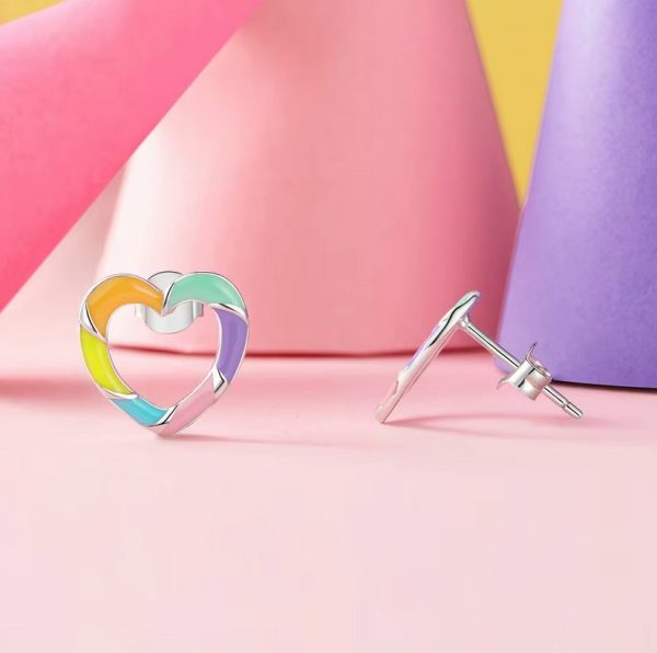 Exquisite 18K 925 Sterling Silver Rainbow Heart Stud Earrings - Image 5