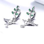 Exquisite 925 Sterling Silver Green Leaves Hummingbirds Drop Earrings