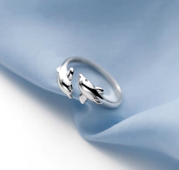 Elegant 18K 925 Sterling Silver Double Dolphin Adjustable Ring (Size 6-7)