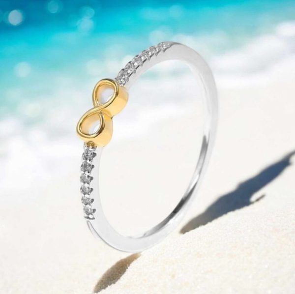 Genuine 925 Sterling Silver Classic Golden Infinity Zircon Ring