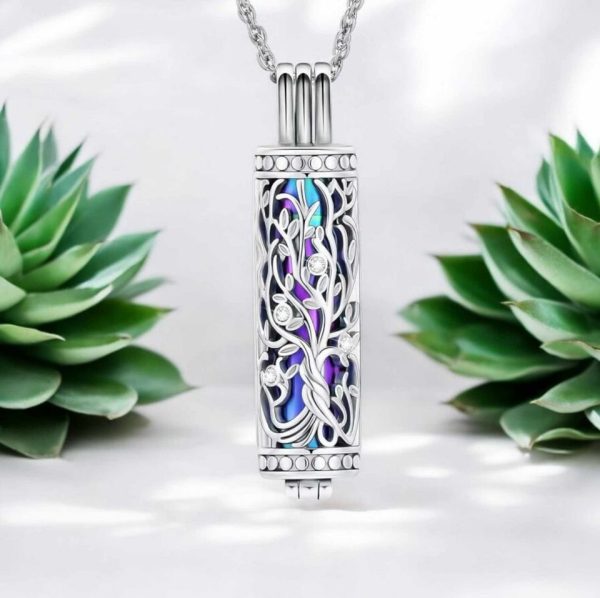 Elegant Flower Design Cremation Keepsake Cylinder Pendant Necklace