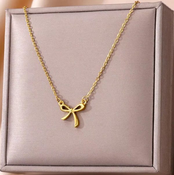 Stainless Steel Delicate Golden Bowknot Pendant Necklace - Image 2