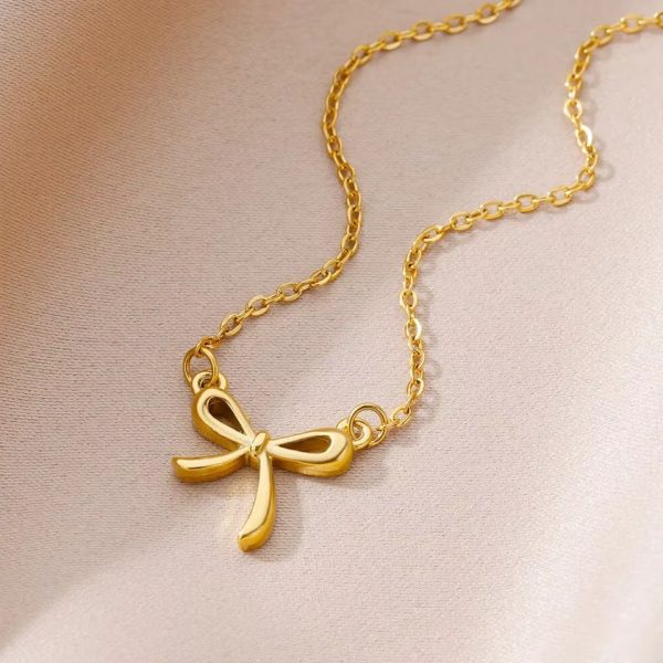 Stainless Steel Delicate Golden Bowknot Pendant Necklace