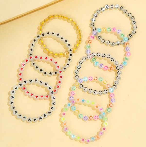 Kids Glow in the Dark Heart Star Cloud Smiling Face Elastic Beads Bracelet - Image 2