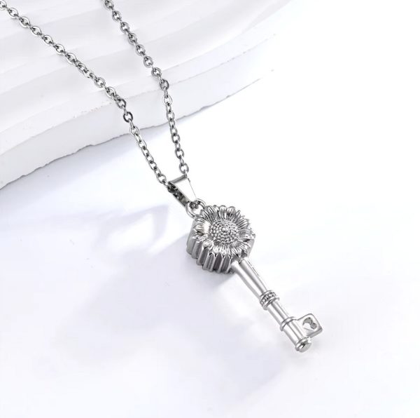 Elegant Stainless Steel Sun Flower Cremation Keepsake Key Pendant Necklace