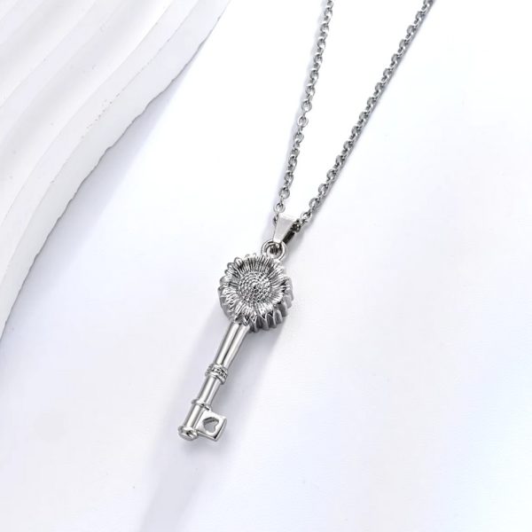 Elegant Stainless Steel Sun Flower Cremation Keepsake Key Pendant Necklace - Image 3