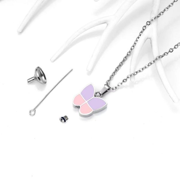 Stainless Steel Purple Pink Serene Butterfly Cremation Keepsake Pendant Necklace - Image 2