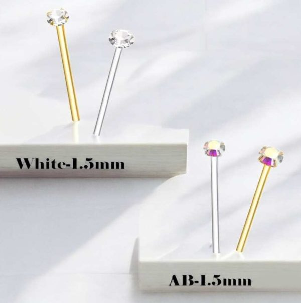 2PC 925 Sterling Silver 24G Straight End 1.5mm Crystal Stud Nose Piercing (Silver) - Image 3