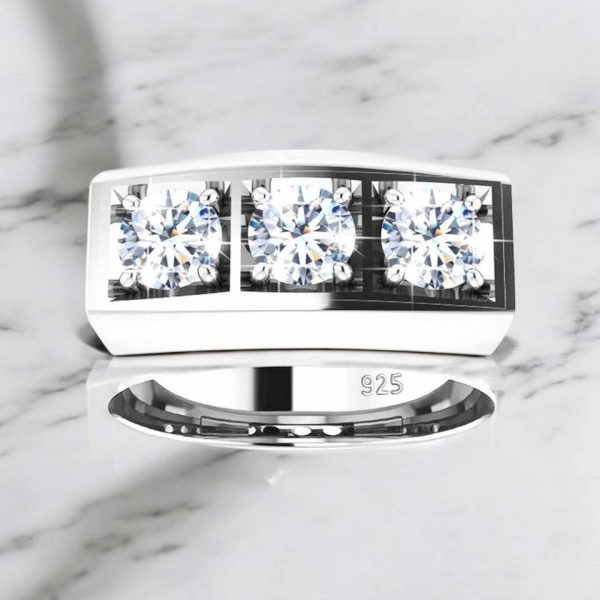 Men's 18K 925 Sterling Silver 0.9CT Luxury 3 Stone Moissanite Ring - Image 2