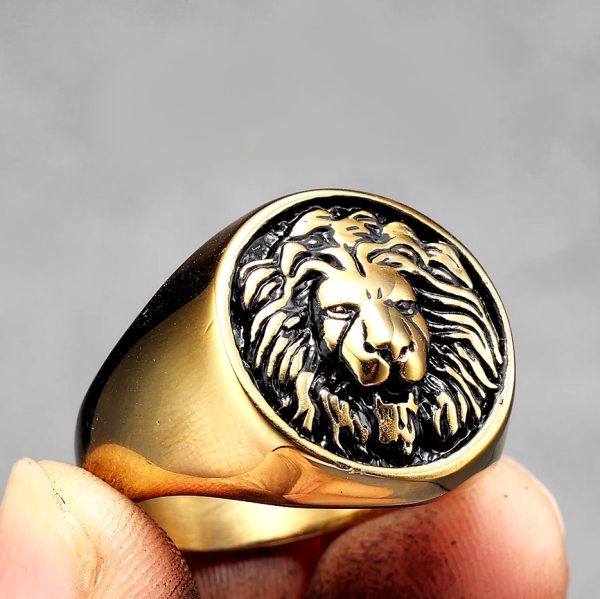 Men's 316L Stainless Steel 3D Lion Head High Polished Round Signet Ring - Image 4