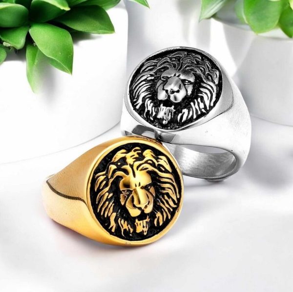 Men's 316L Stainless Steel 3D Lion Head High Polished Round Signet Ring