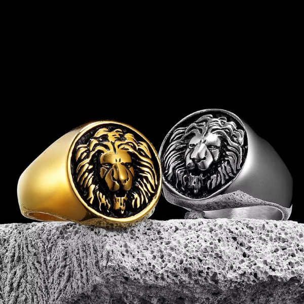 Men's 316L Stainless Steel 3D Lion Head High Polished Round Signet Ring - Image 2