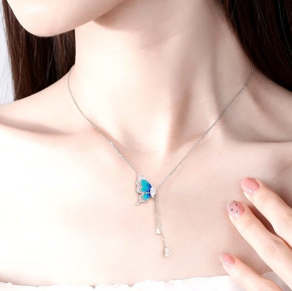 Exquisite 18K 925 Sterling Silver Gradient Blue Zircon Butterfly Tassel Pendant - Image 3