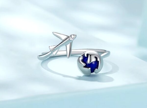 Platinum 925 Sterling Silver Blue Earth Around the Globe Adjustable Ring (6-8.5)