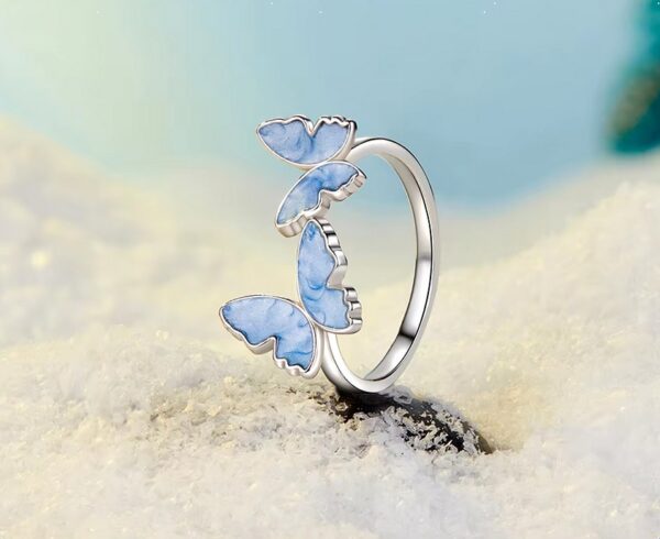 Luxury 18K 925 Sterling Silver Adjustable Blue Double Butterfly Ring (Size 6-9) - Image 4