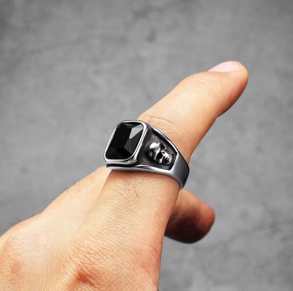 Men’s Vintage 316L Stainless Steel Black Zirconium Signet Skull Ring - Image 6