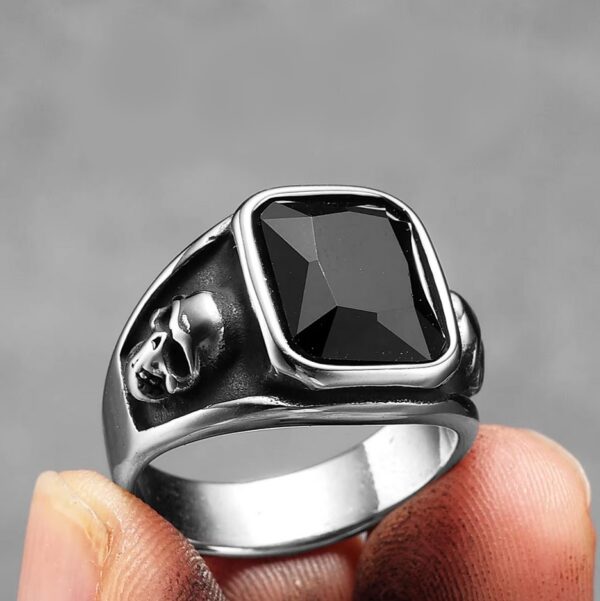 Men’s Vintage 316L Stainless Steel Black Zirconium Signet Skull Ring - Image 5