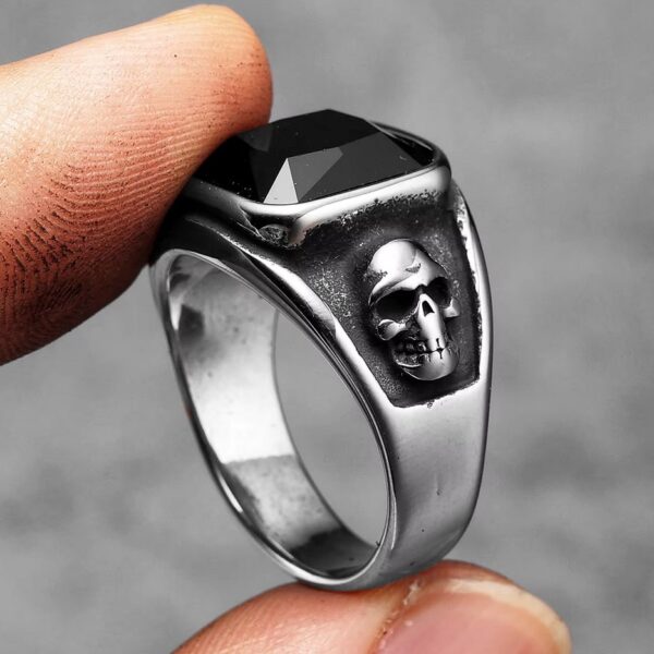 Men’s Vintage 316L Stainless Steel Black Zirconium Signet Skull Ring - Image 3