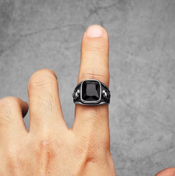 Men’s Vintage 316L Stainless Steel Black Zirconium Signet Skull Ring - Image 4