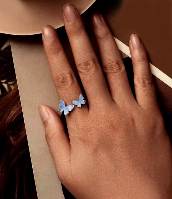 Luxury 18K 925 Sterling Silver Adjustable Blue Double Butterfly Ring (Size 6-9) - Image 2