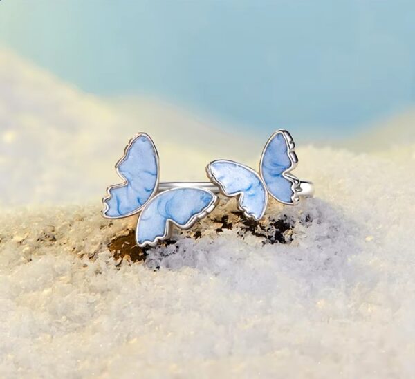 Luxury 18K 925 Sterling Silver Adjustable Blue Double Butterfly Ring (Size 6-9)