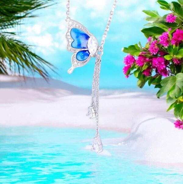 Exquisite 18K 925 Sterling Silver Gradient Blue Zircon Butterfly Tassel Pendant