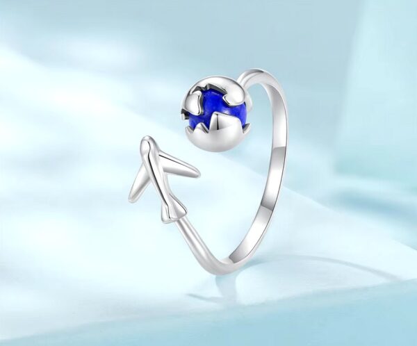 Platinum 925 Sterling Silver Blue Earth Around the Globe Adjustable Ring (6-8.5) - Image 4