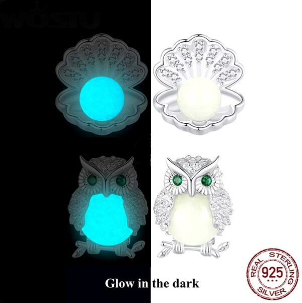 Platinum 925 Sterling Silver Glow in the Dark Shell Pearl/Night Owl Stud Earring