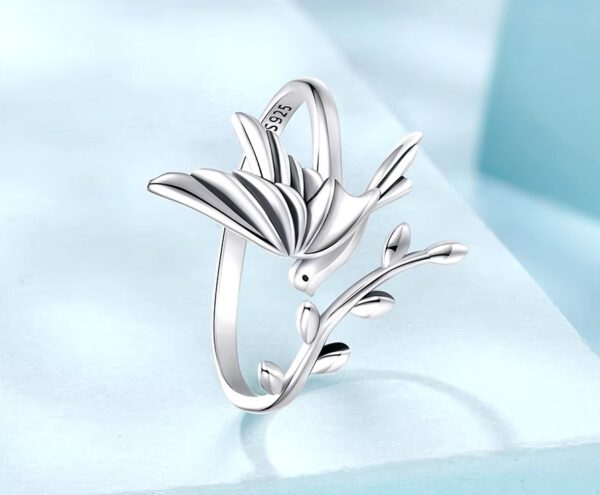 Classic 925 Sterling Silver Kingfisher Branch Landing Adjustable Ring (Size 7-9) - Image 2