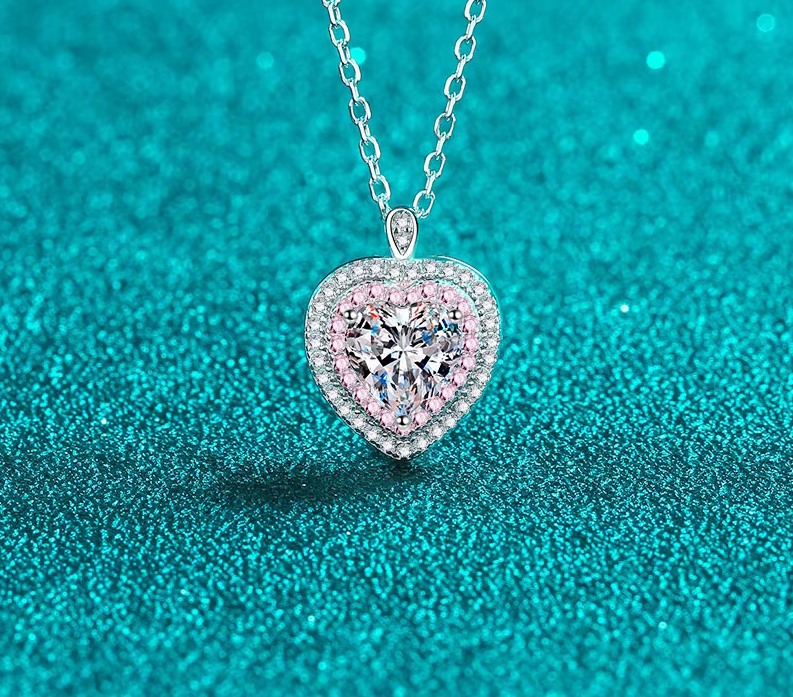 18K 925 Sterling Silver 1CT Heart Cut Moissanite Pink Inlaid Pendant Necklace - Image 3