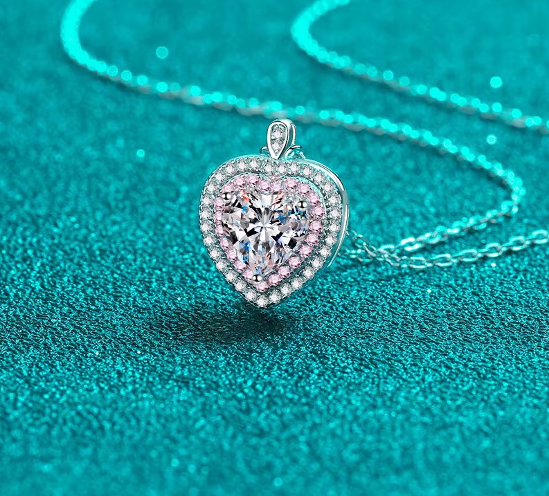 18K 925 Sterling Silver 1CT Heart Cut Moissanite Pink Inlaid Pendant Necklace - Image 4