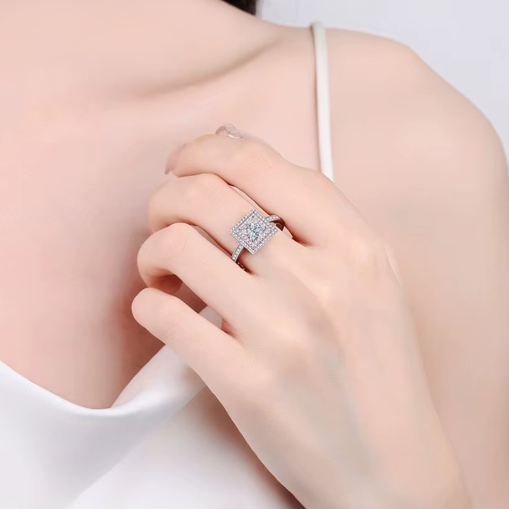 18K 925 Sterling Silver 1CT Princess Cut Moissanite Pink Inlaid Ring (Size 5-10) - Image 2