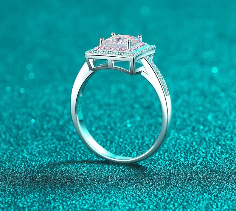 18K 925 Sterling Silver 1CT Princess Cut Moissanite Pink Inlaid Ring (Size 5-10) - Image 4