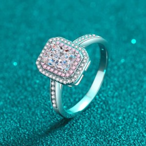 18K 925 Sterling Silver 1CT Radiant Cut Moissanite Pink Inlaid Ring (Size 5-10)