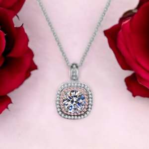 18K 925 Sterling Silver 1CT Round Cut Moissanite Pink Inlaid Pendant Necklace