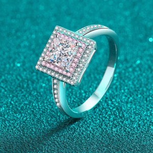 18K 925 Sterling Silver 1CT Princess Cut Moissanite Pink Inlaid Ring (Size 5-10)