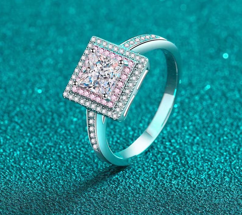 18K 925 Sterling Silver 1CT Princess Cut Moissanite Pink Inlaid Ring (Size 5-10)
