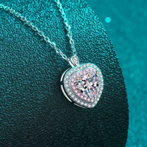 18K 925 Sterling Silver 1CT Heart Cut Moissanite Pink Inlaid Pendant Necklace