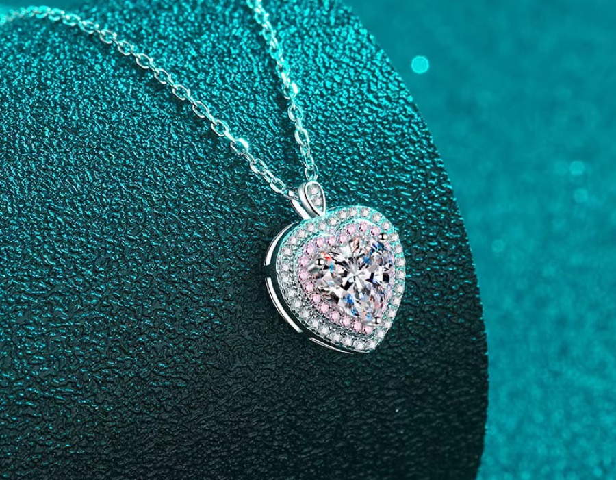 18K 925 Sterling Silver 1CT Heart Cut Moissanite Pink Inlaid Pendant Necklace
